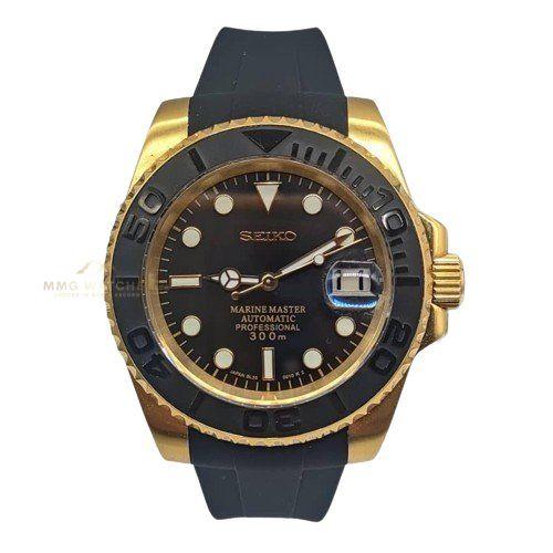 Seiko GMT Gold Black Dial Rubber Bracelet Mod